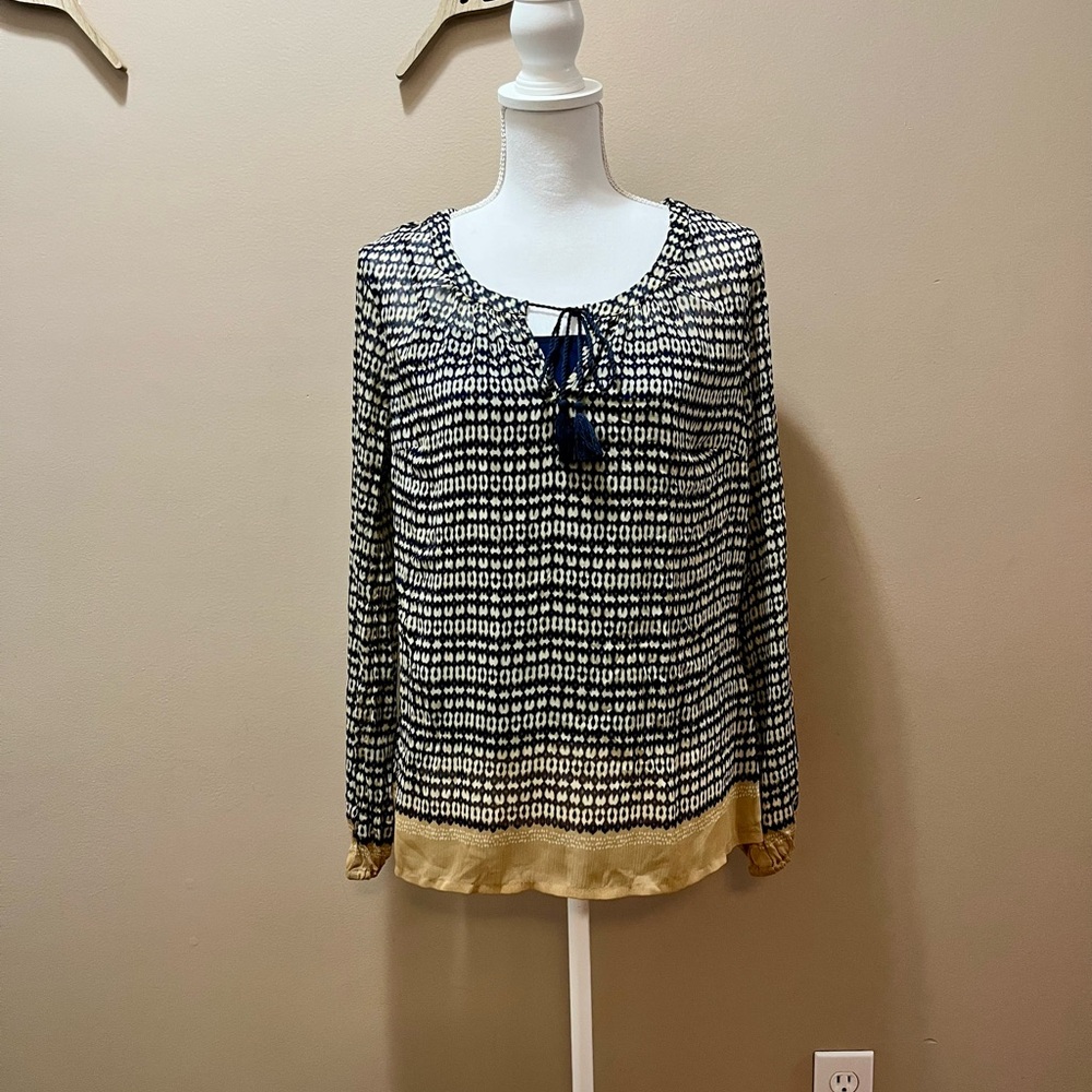 Rose and Olive Tan and Navy Blue Boho Long Sleeve Blouse Size Medium